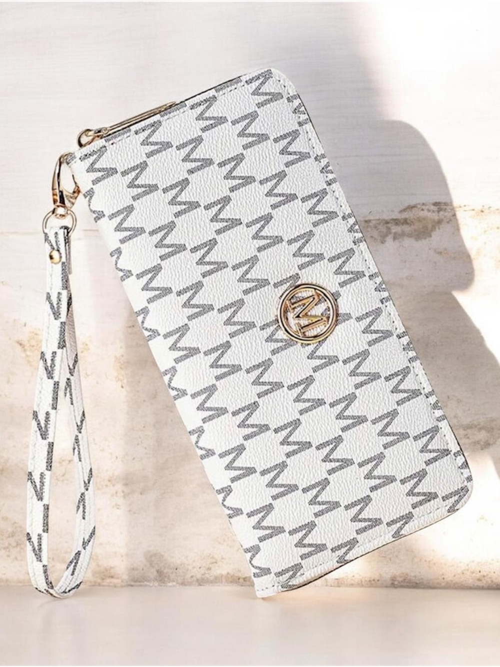 White Logo-Print Wristlet with Gold Emblem